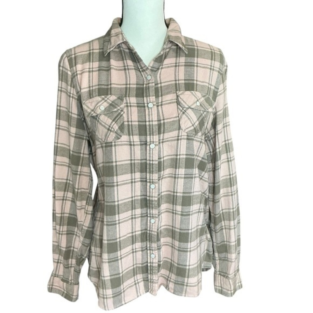 Merona Light Pink and Gray Plaid Pearl Snap Button Up Long Sleeve Flannel Shirt